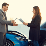 A man and a woman standing outside 2 cars involved in a car accident Tulsa, exchanging paperwork.