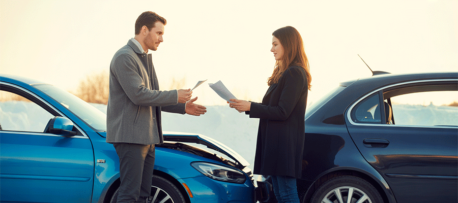 A man and a woman standing outside 2 cars involved in a car accident Tulsa, exchanging paperwork.