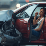 Woman with Whiplash injury sitting in car after car accident in Tulsa, OK